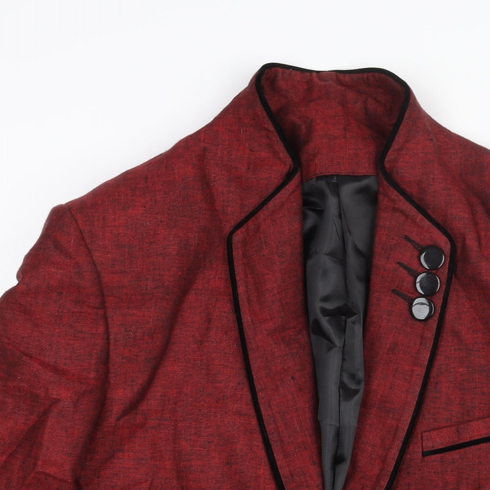 Leemans Mens Red Polyester Jacket Suit Jacket Size 38 Regular - Velvet Trim Detail