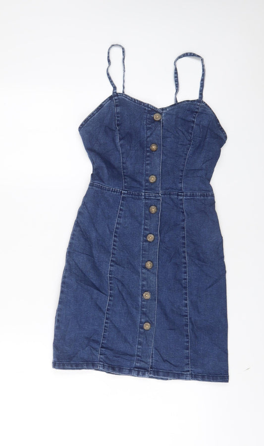 Denim & Co. Womens Blue Cotton A-Line Size 4 V-Neck Button