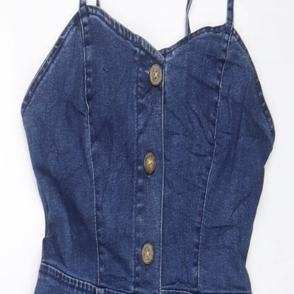 Denim & Co. Womens Blue Cotton A-Line Size 4 V-Neck Button