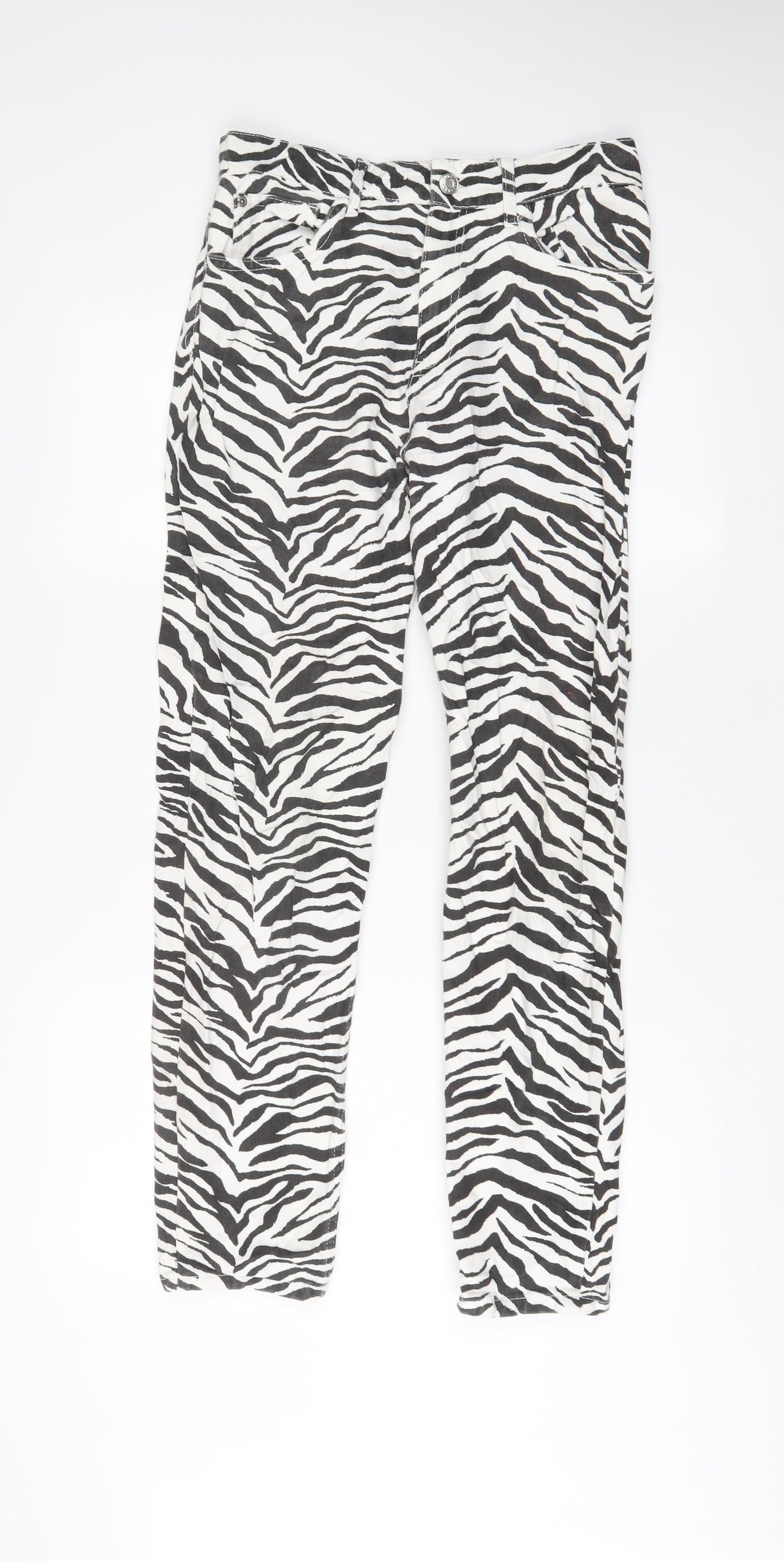 Mango Womens White Animal Print Cotton Straight Jeans Size 10 L30 in Regular Zip
