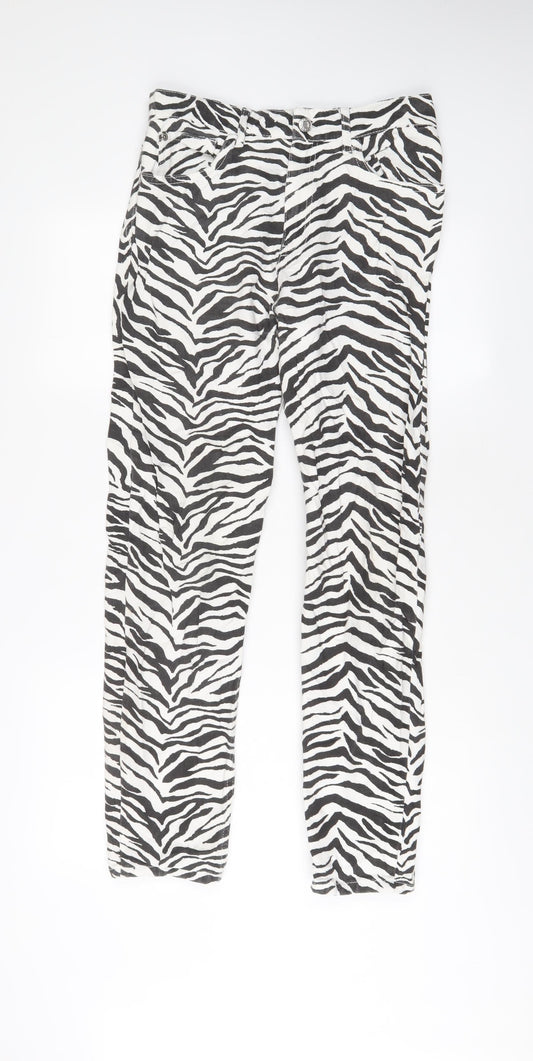 Mango Womens White Animal Print Cotton Straight Jeans Size 10 L30 in Regular Zip