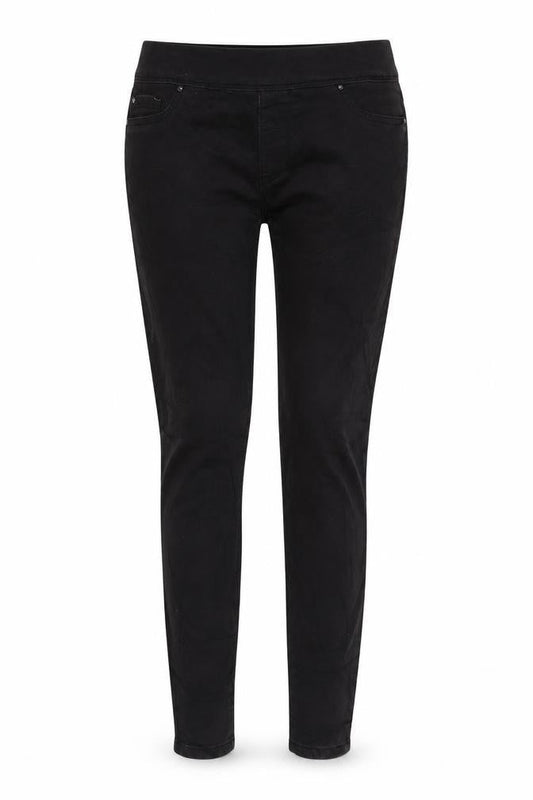 Front view of Denim & Co. women’s black cotton blend jegging jeans, size UK 12, 29-inch leg regular