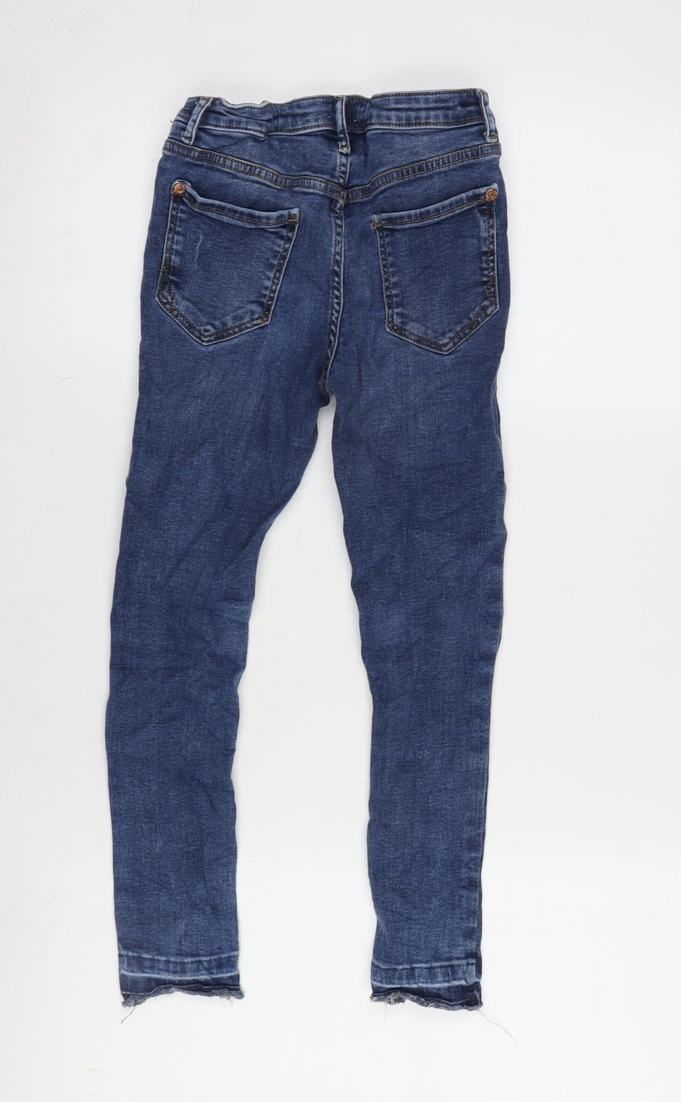 River Island Girls Blue Cotton Tapered Jeans Size 9 Years L20.5 in Regular Zip - Distressed .