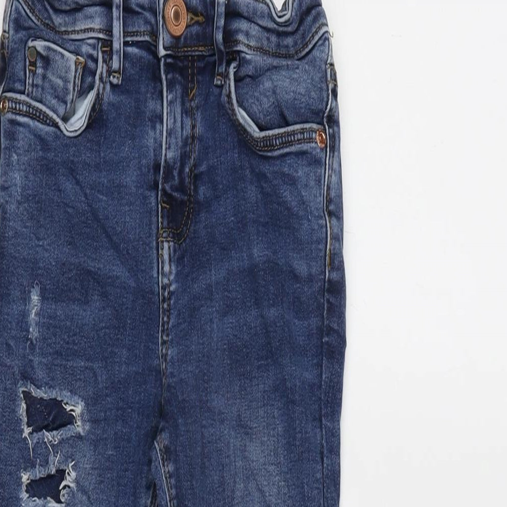 River Island Girls Blue Cotton Tapered Jeans Size 9 Years L20.5 in Regular Zip - Distressed .