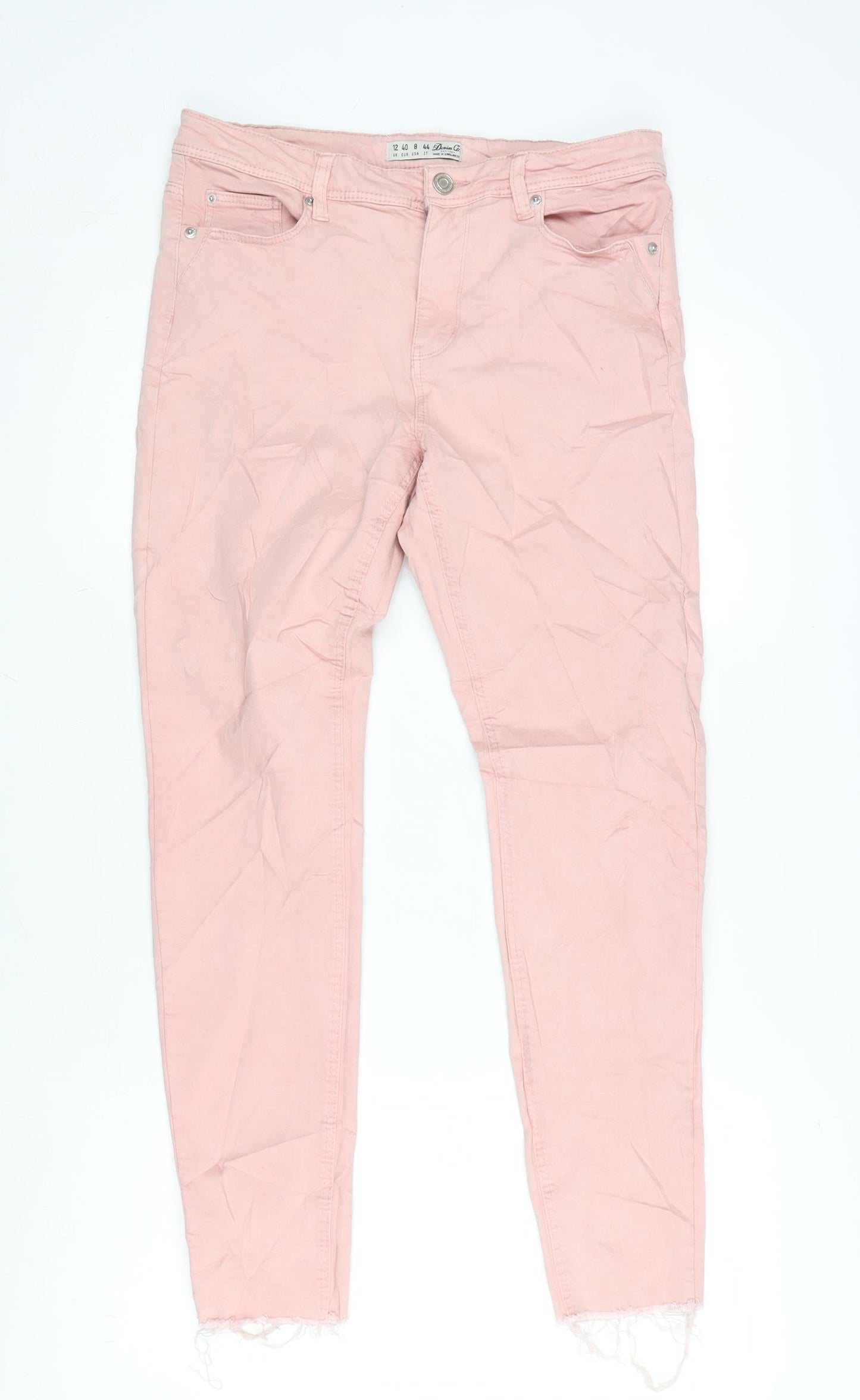 Denim & Co. Womens Pink Cotton Blend Tapered Jeans Size 12 L27 in Regular Zip - Raw Hem