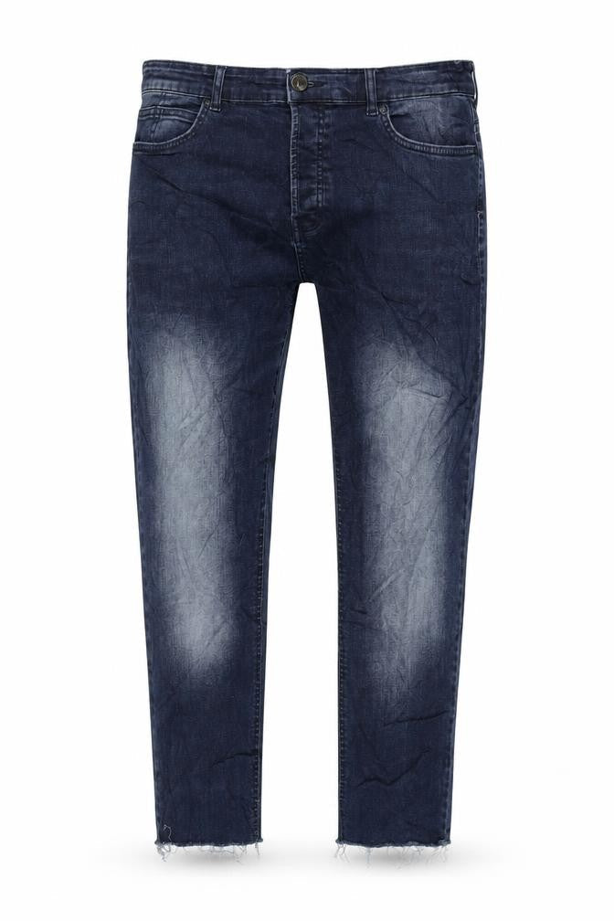 Front view of Denim & Co. men’s blue cotton blend tapered jeans, size 36, in, 32-inch leg slim zip - raw hem