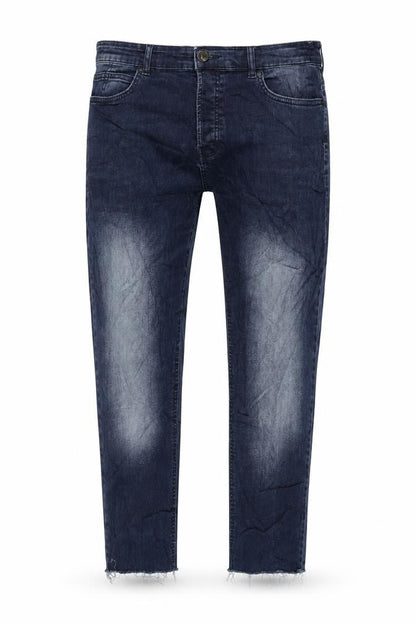 Front view of Denim & Co. men’s blue cotton blend tapered jeans, size 36, in, 32-inch leg slim zip - raw hem
