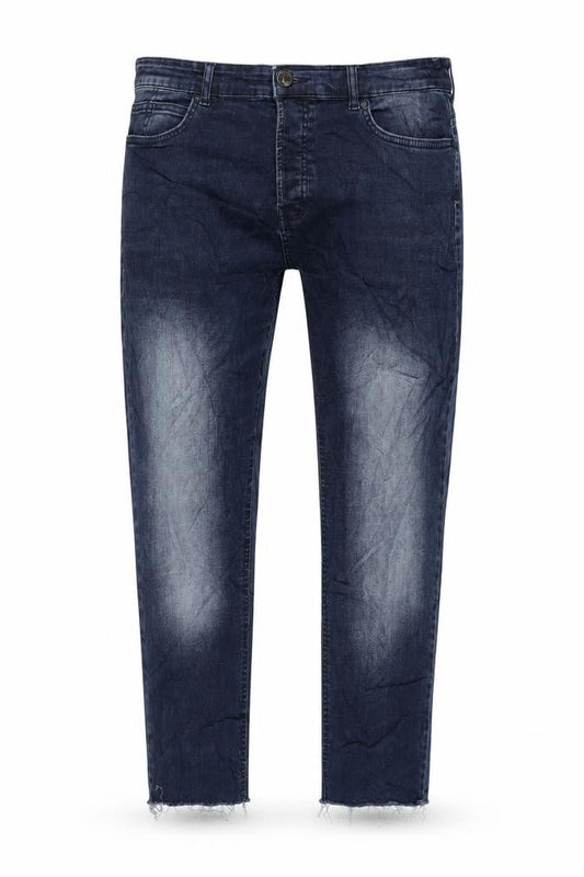 Front view of Denim & Co. men’s blue cotton blend tapered jeans, size 36, in, 32-inch leg slim zip - raw hem