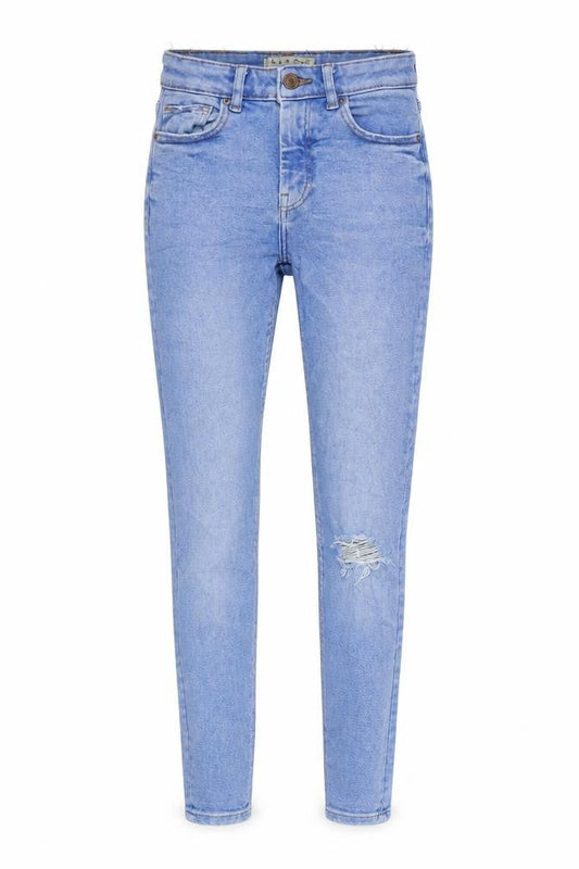 Front view of Denim & Co. women’s blue cotton blend tapered jeans, size UK 8, 27-inch leg regular zip