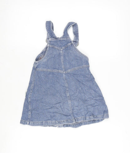 Adams Girls Blue Cotton Pinafore/Dungaree Dress Size 4 Years Square Neck Snap - Adjustable Straps
