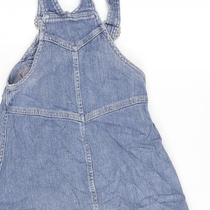 Adams Girls Blue Cotton Pinafore/Dungaree Dress Size 4 Years Square Neck Snap - Adjustable Straps