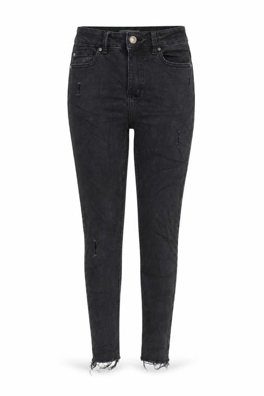 Front view of Denim & Co. women’s grey cotton blend tapered jeans, size UK 8, 26-inch leg regular zip