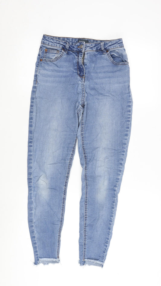 Matalan Womens Blue Cotton Blend Tapered Jeans Size 12 L28.5 in Regular Zip - Raw Hem