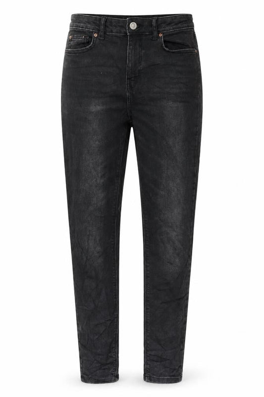 Front view of Denim & Co. women’s grey cotton blend tapered jeans, size UK 8, 28-inch leg regular zip