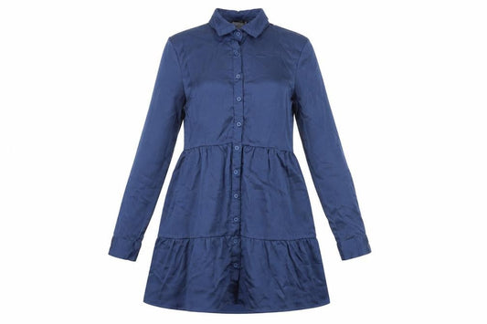 Front view of Missguided women’s blue polyester shirt dress, size UK 12, collared button