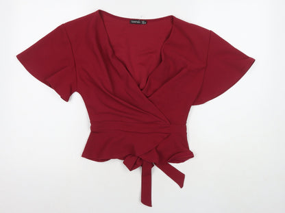 Boohoo Womens Red Polyester Basic T-Shirt Size 12 V-Neck