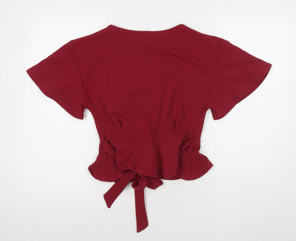 Boohoo Womens Red Polyester Basic T-Shirt Size 12 V-Neck