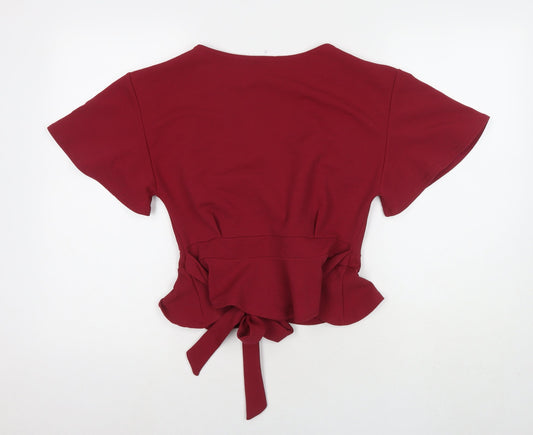 Boohoo Womens Red Polyester Basic T-Shirt Size 12 V-Neck