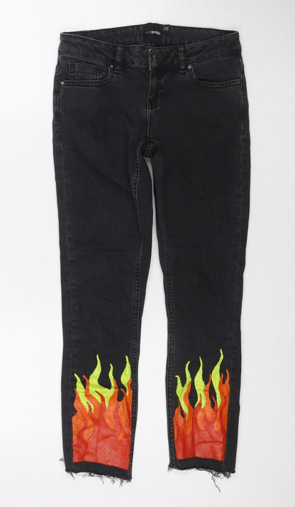 ASOS Womens Black Cotton Skinny Jeans Size 24 in L23 in Regular Zip - Flames Detail