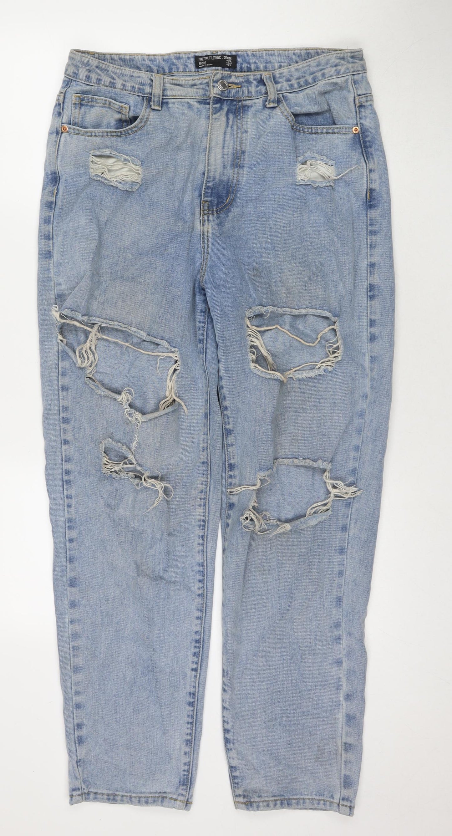 PRETTYLITTLETHING Womens Blue Cotton Mom Jeans Size 14 L29 in Regular Zip