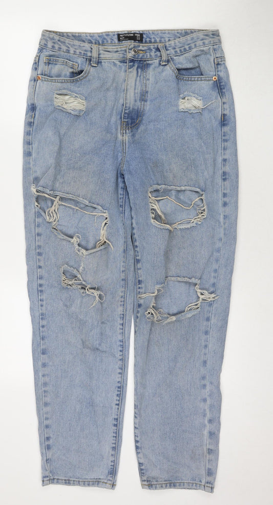 PRETTYLITTLETHING Womens Blue Cotton Mom Jeans Size 14 L29 in Regular Zip