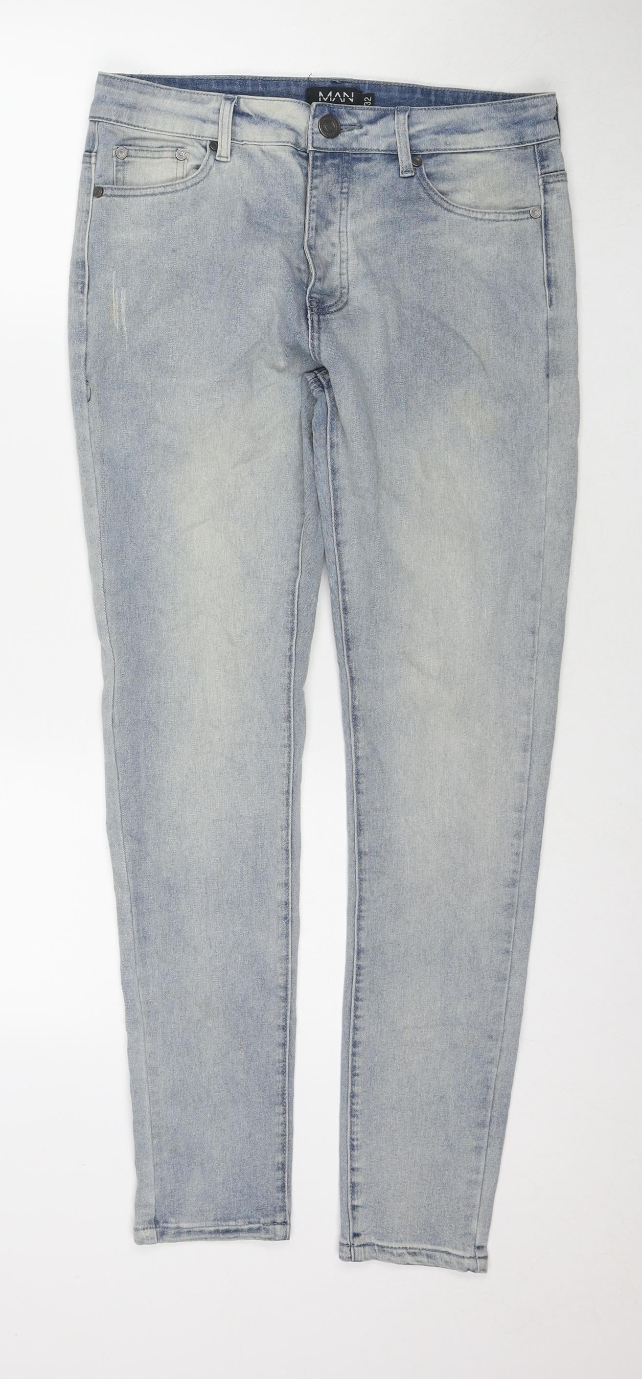 Boohoo Mens Blue Cotton Skinny Jeans Size 32 in L29 in Regular Zip