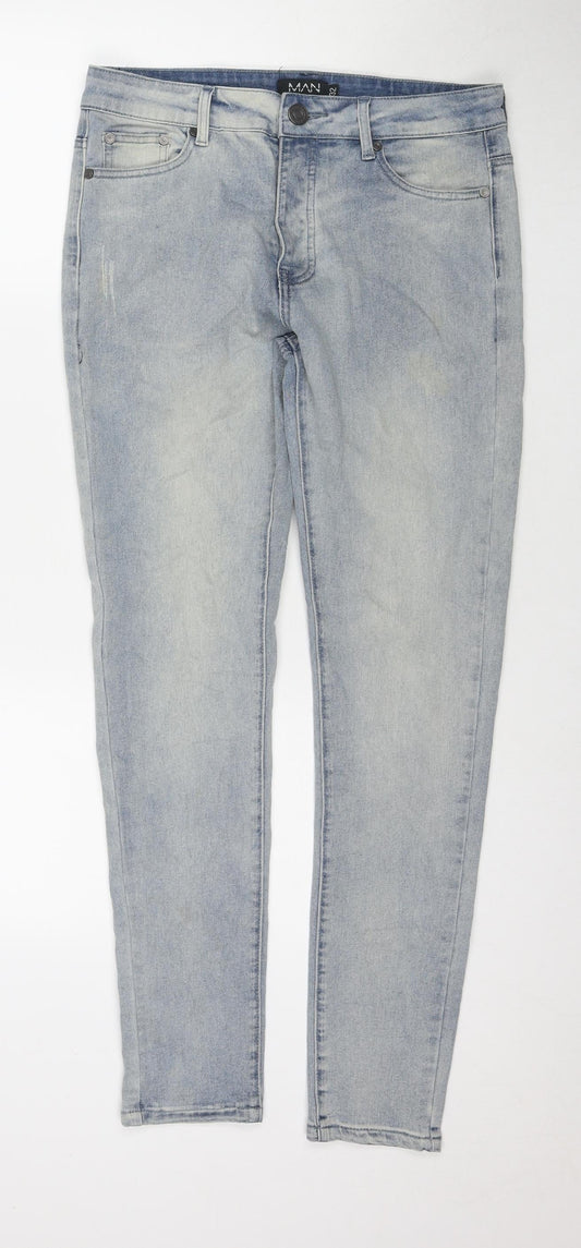 Boohoo Mens Blue Cotton Skinny Jeans Size 32 in L29 in Regular Zip