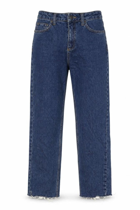Front view of BDG women’s blue cotton straight jeans, size UK 27, in, 32-inch leg regular zip