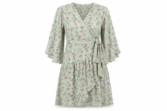 Unique 21 Womens Green Floral Polyester Wrap Dress Size 8 V-Neck Tie
