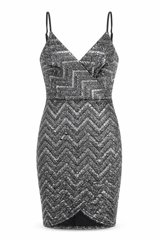 Apricot Womens Silver Chevron Polyester Bodycon Size 8 V-Neck Zip