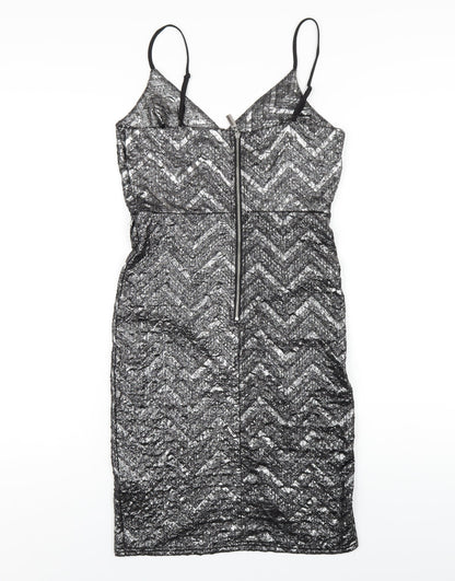 Apricot Womens Silver Chevron Polyester Bodycon Size 8 V-Neck Zip