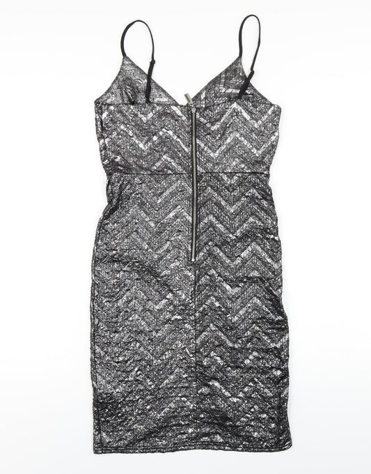 Apricot Womens Silver Chevron Polyester Bodycon Size 8 V-Neck Zip