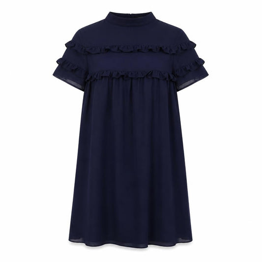 Front view of Fashion Union women’s blue polyester a-line, size UK 12, round neck button