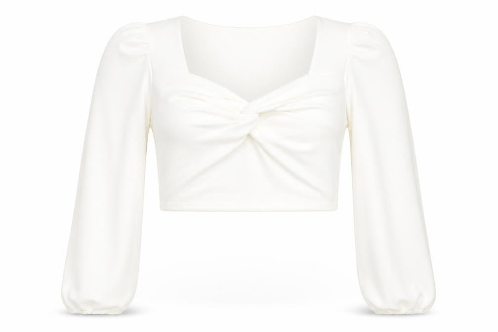 Front view of I SAW IT FIRST women’s white polyester cropped t-shirt, size UK 16, v-neck