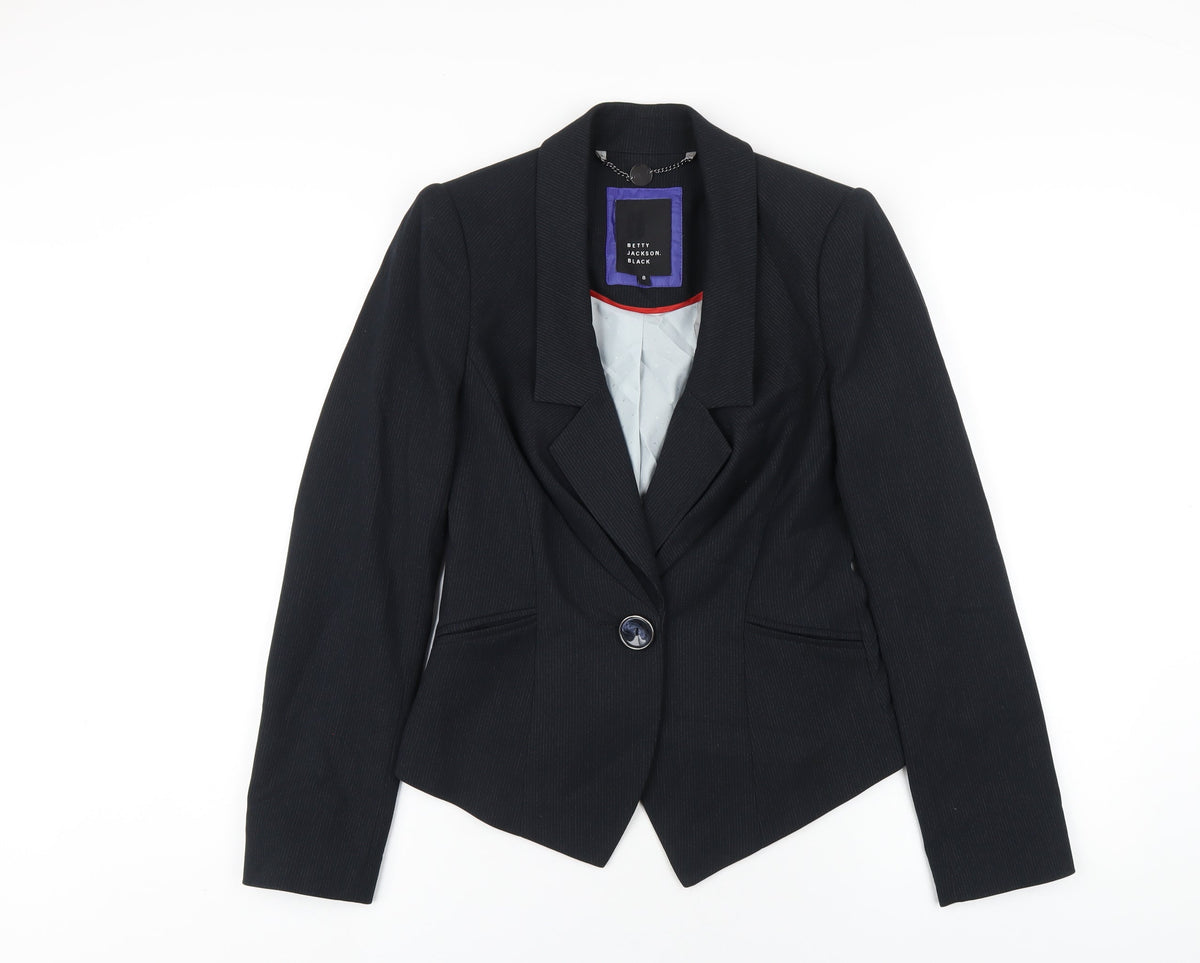 Additional front view of Betty Jackson women’s blue striped polyester jacket blazer, size UK 8