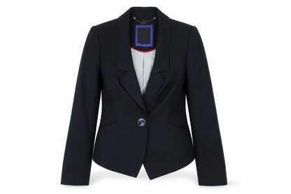 Front view of Betty Jackson women’s blue striped polyester jacket blazer, size UK 8