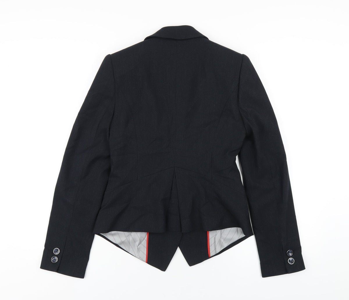 Back view of Betty Jackson women’s blue striped polyester jacket blazer, size UK 8