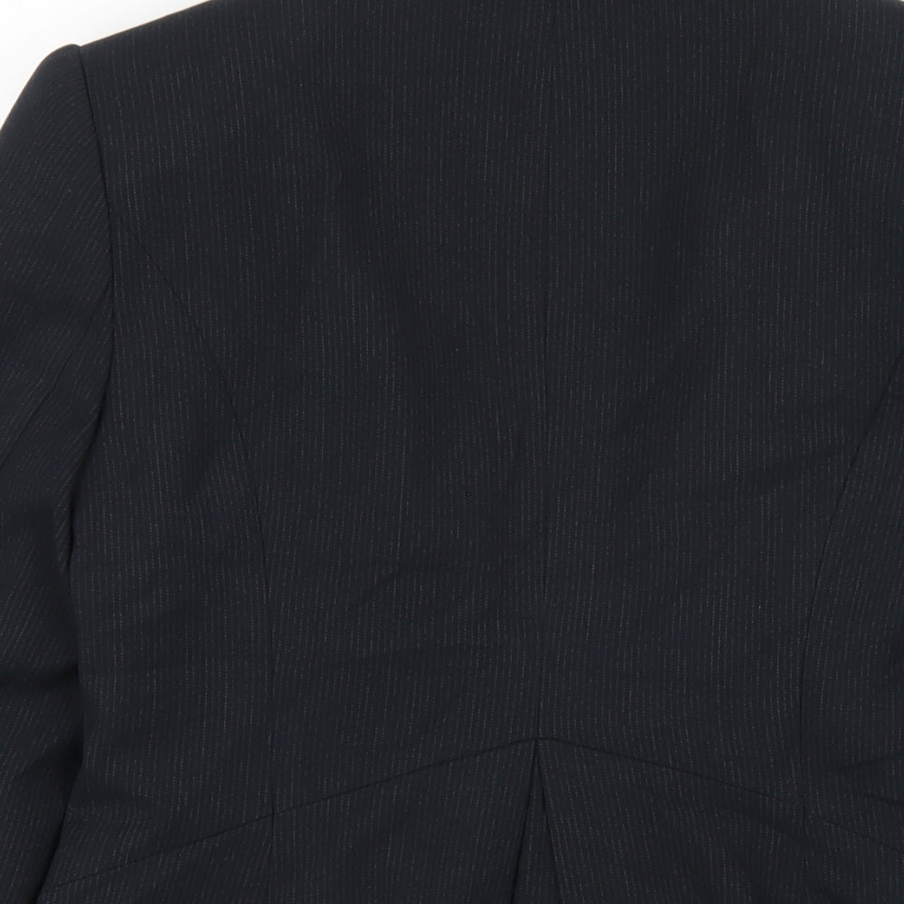 Brand and care label for Betty Jackson women’s blue striped polyester jacket blazer, size UK 8