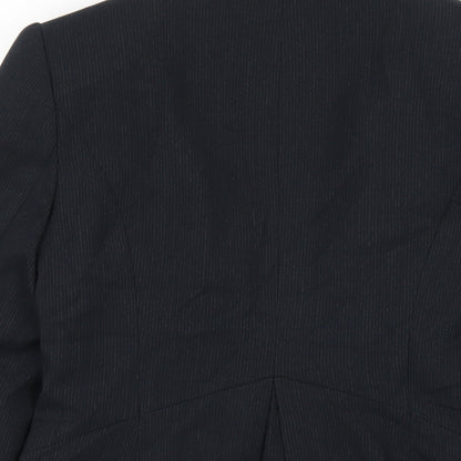 Brand and care label for Betty Jackson women’s blue striped polyester jacket blazer, size UK 8