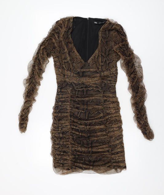 Zara Womens Brown Animal Print Polyester Bodycon Size S V-Neck Zip