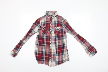 New Look Womens Red Plaid Cotton Basic Button-Up Size 6 Collared