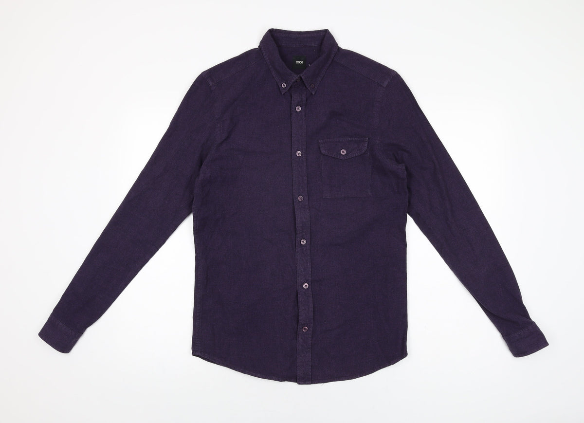 Additional front view of ASOS men’s purple cotton button-up, size S, collared button
