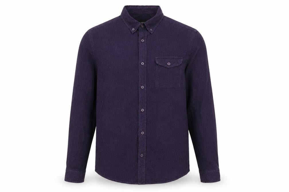 Front view of ASOS men’s purple cotton button-up, size S, collared button