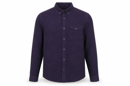 Front view of ASOS men’s purple cotton button-up, size S, collared button