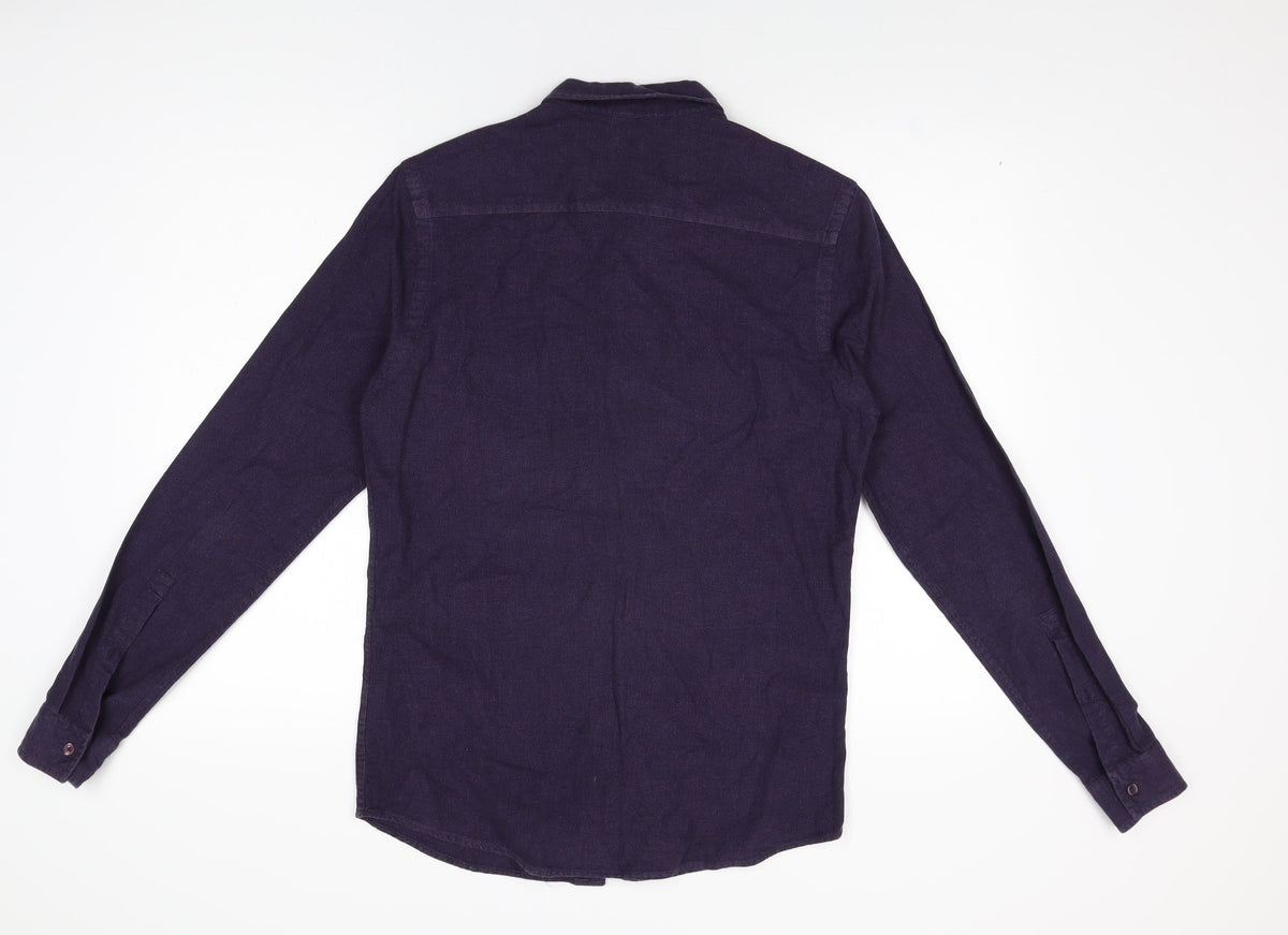Back view of ASOS men’s purple cotton button-up, size S, collared button