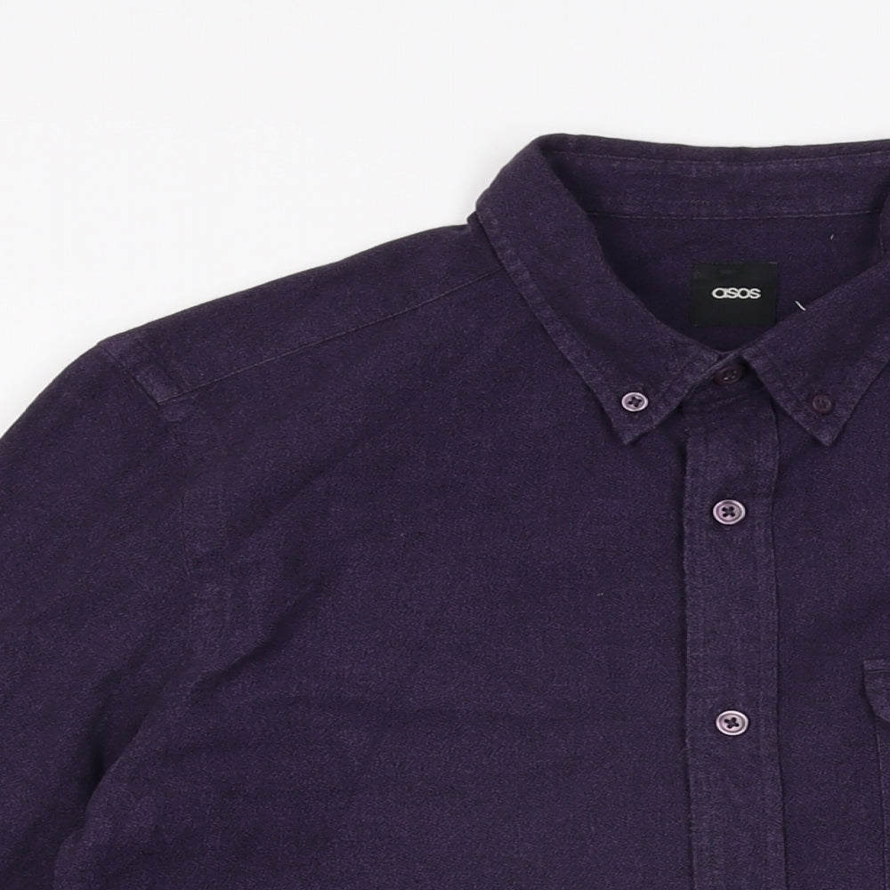 Close-up detail of ASOS men’s purple cotton button-up, size S, collared button