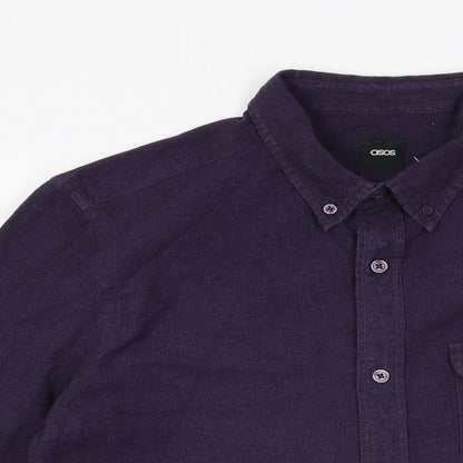 Close-up detail of ASOS men’s purple cotton button-up, size S, collared button