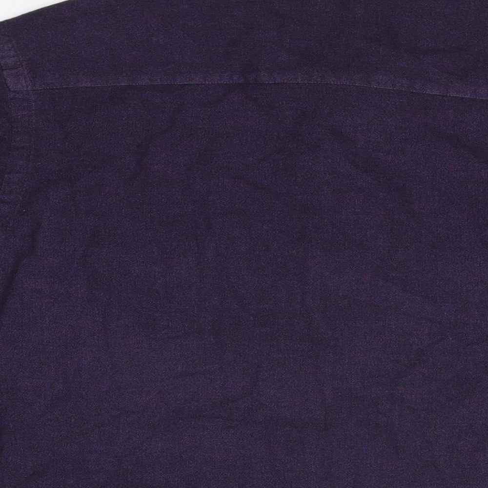 Brand and care label for ASOS men’s purple cotton button-up, size S, collared button
