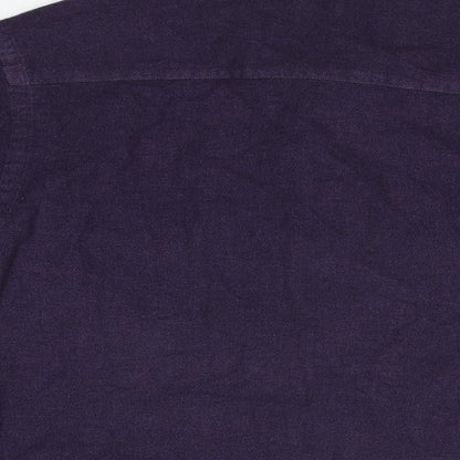 Brand and care label for ASOS men’s purple cotton button-up, size S, collared button