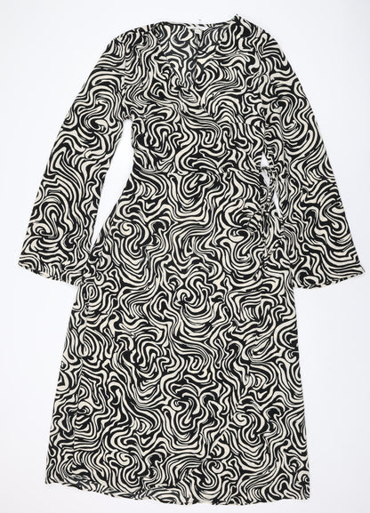 H&M Womens Ivory Geometric Polyester Wrap Dress Size M V-Neck Tie